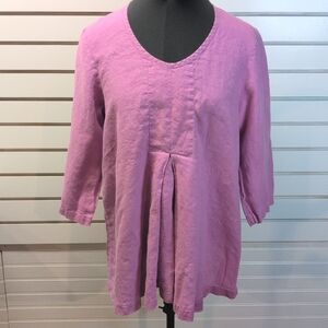 FLAX Woodstock Flowy Linen Blouse Lilac V Neck Size Small Women’s 3/4 Sleeves
